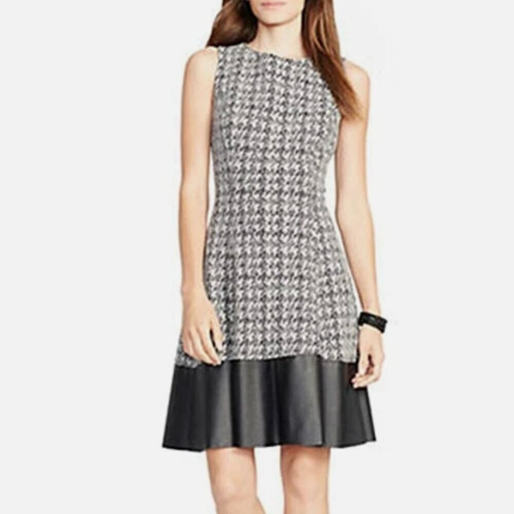 Lauren Ralph Lauren Knit Black White Faux Leather Fit Flare Dress Womens 2